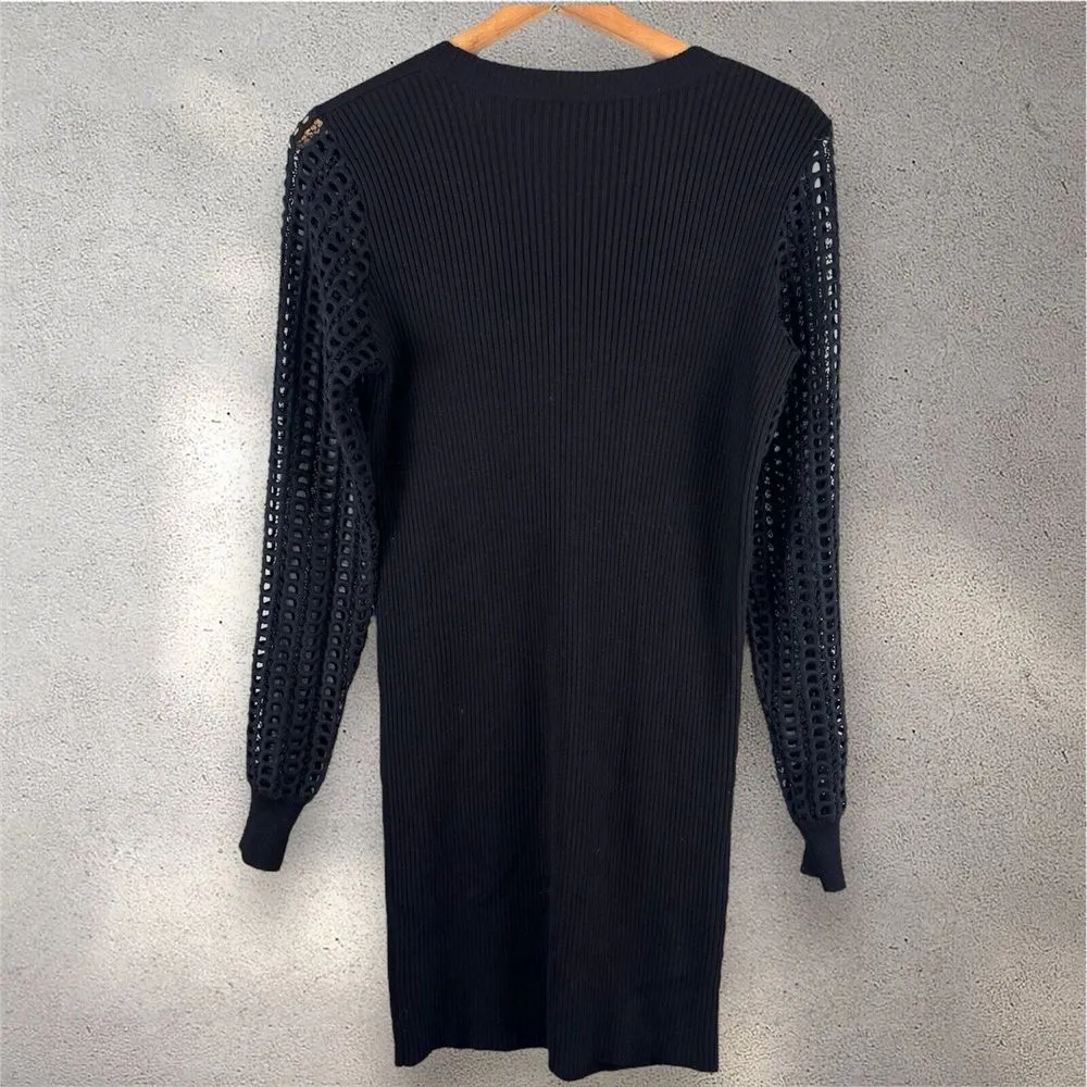 See By Chloe Black Wool Crochet Knit Sleeve Sweater‎ Dress Sz L - Image 7