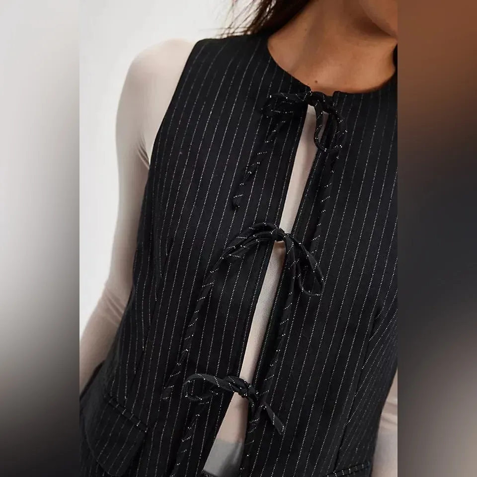 Free People FP Celia Pinstripe Suit Vest Tie Front Stripes Black Large L $128 - Image 3
