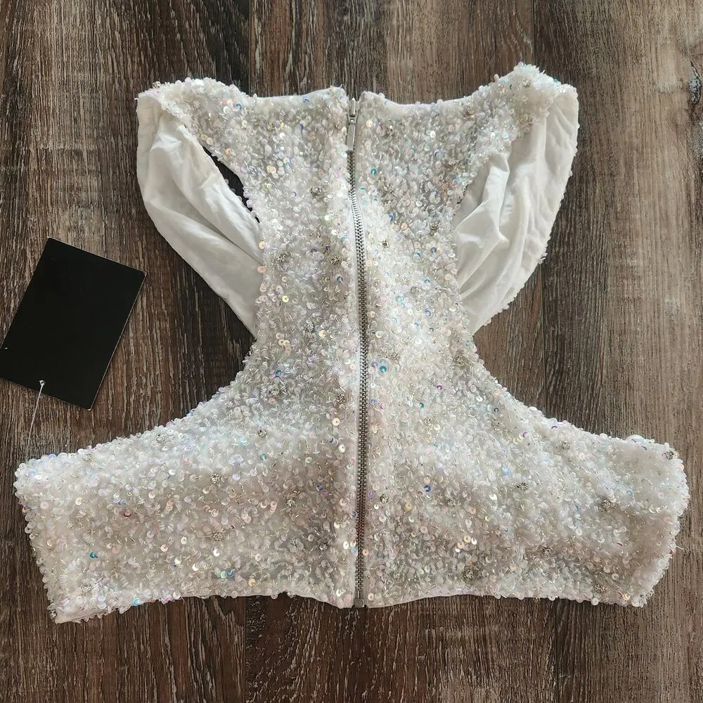 Retrofete Lio Top White Sequin Crystal Criss Cross Tank Size Medium NWT - Image 7