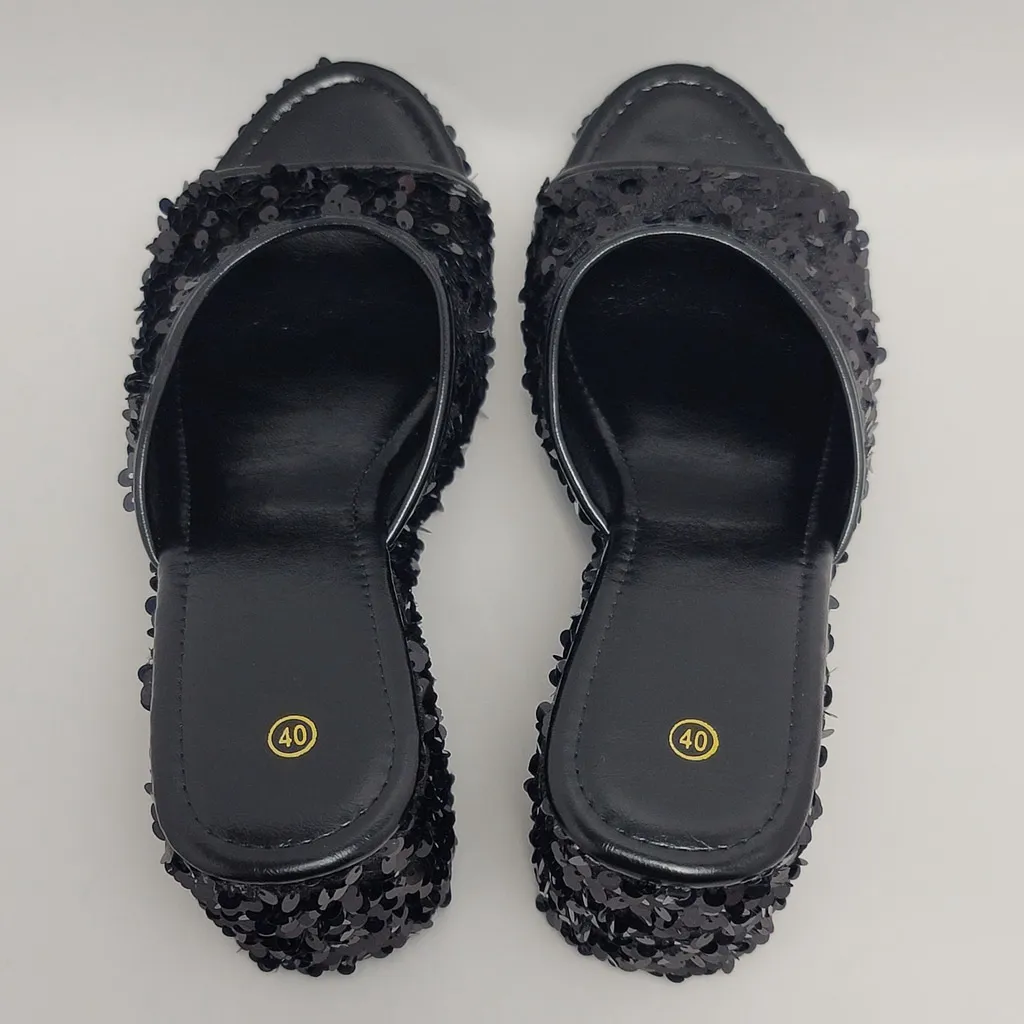 Black Sequin Embellished Black Glitter Platform Wedge Heel Slide Sandals Size 40 - Image 4