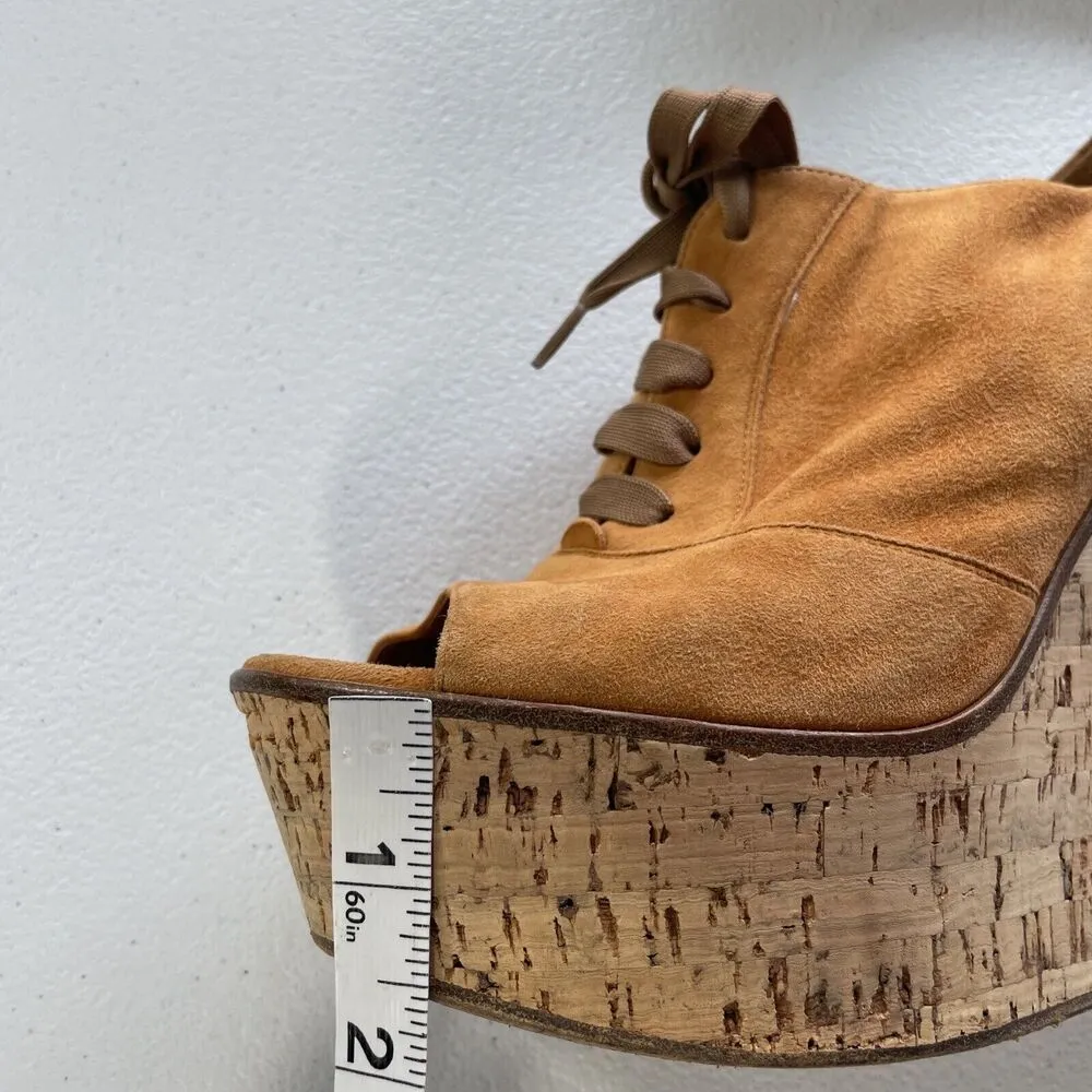 Gianvito Rossi Suede Cork Open Toe Lace Up Platform Shoes Orange/Beige Womens 37 - Image 12