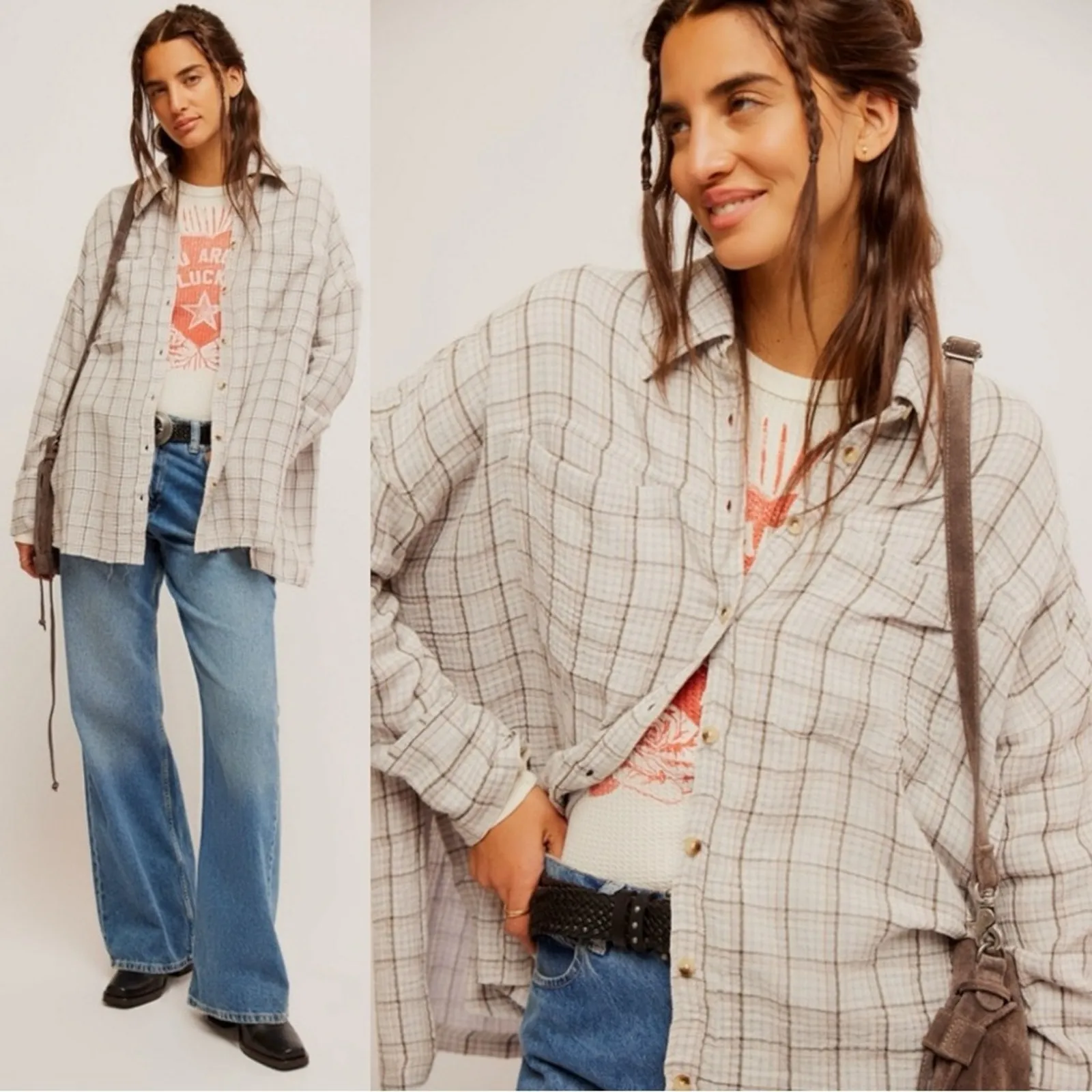 Free People Oversized Bohemian Grunge 90s Fall Cardiff Plaid Top Shirt Medium - Image 2