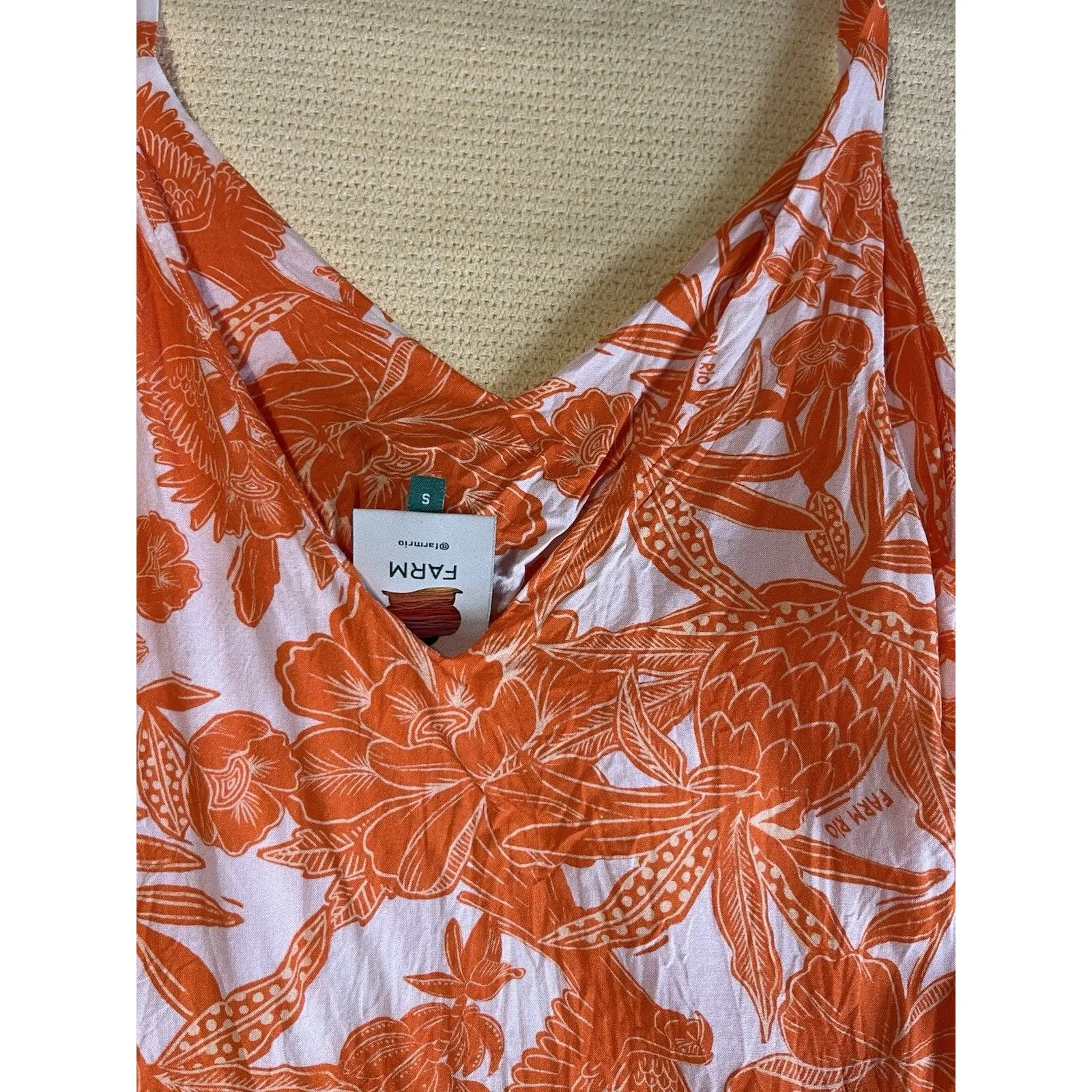Farm Rio Mini Dress Tunic Tank Orange White Floral Bird Print Sleeveless Size S - Image 7