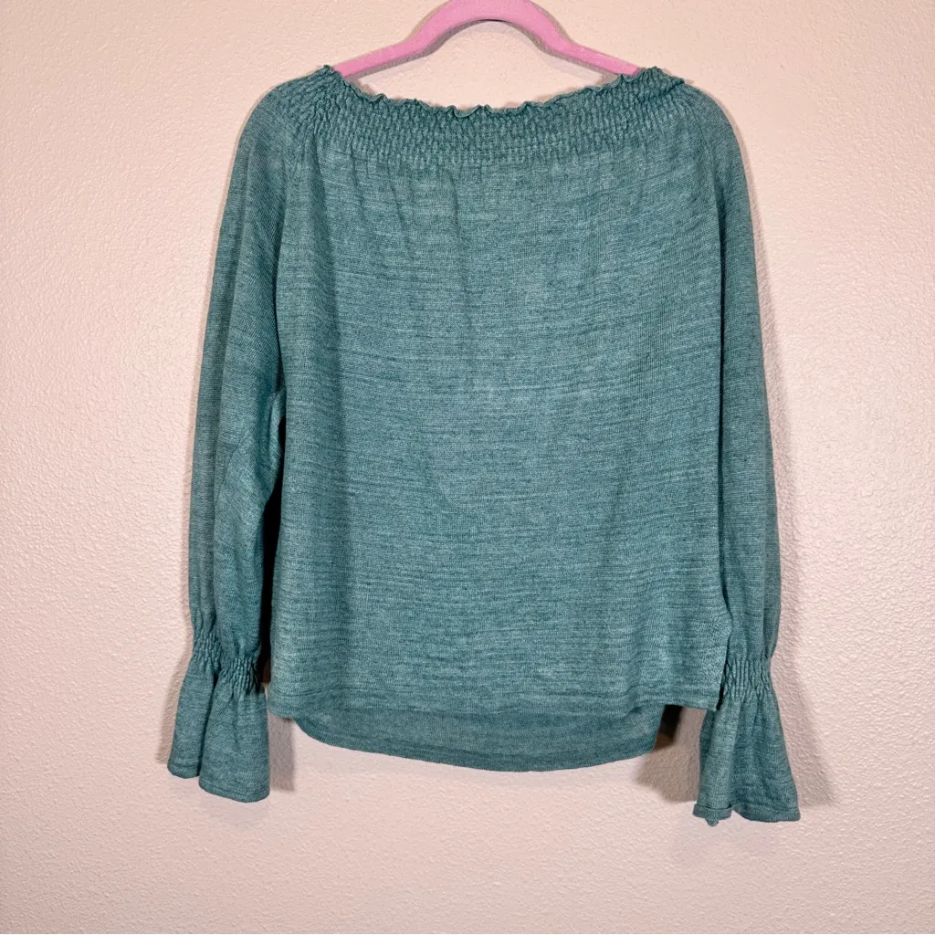 Margaret O’Leary Green Linen Off Shoulder Blouse Womens M Casual Bishop Sleeve - Image 2
