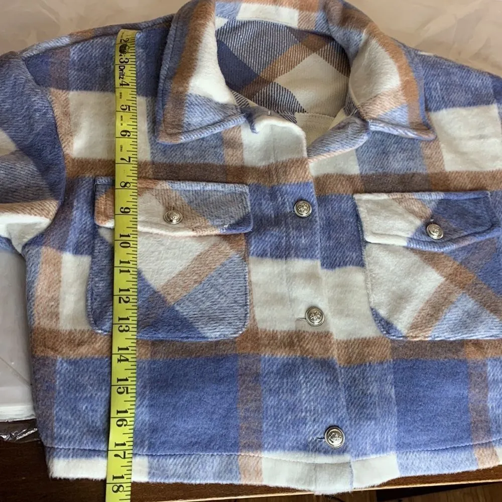 Plaid Print Drop Shoulder Crop Overcoat Size Large Blue - Image 11