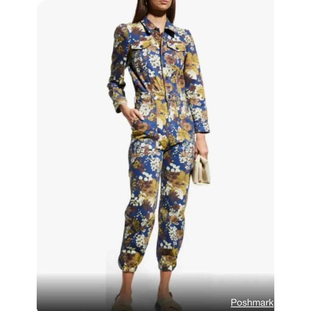 MOTHER The Puffy Wrapper Floral Denim Jumpsuit Flowers in Her Hair L Tan Size L - Image 13
