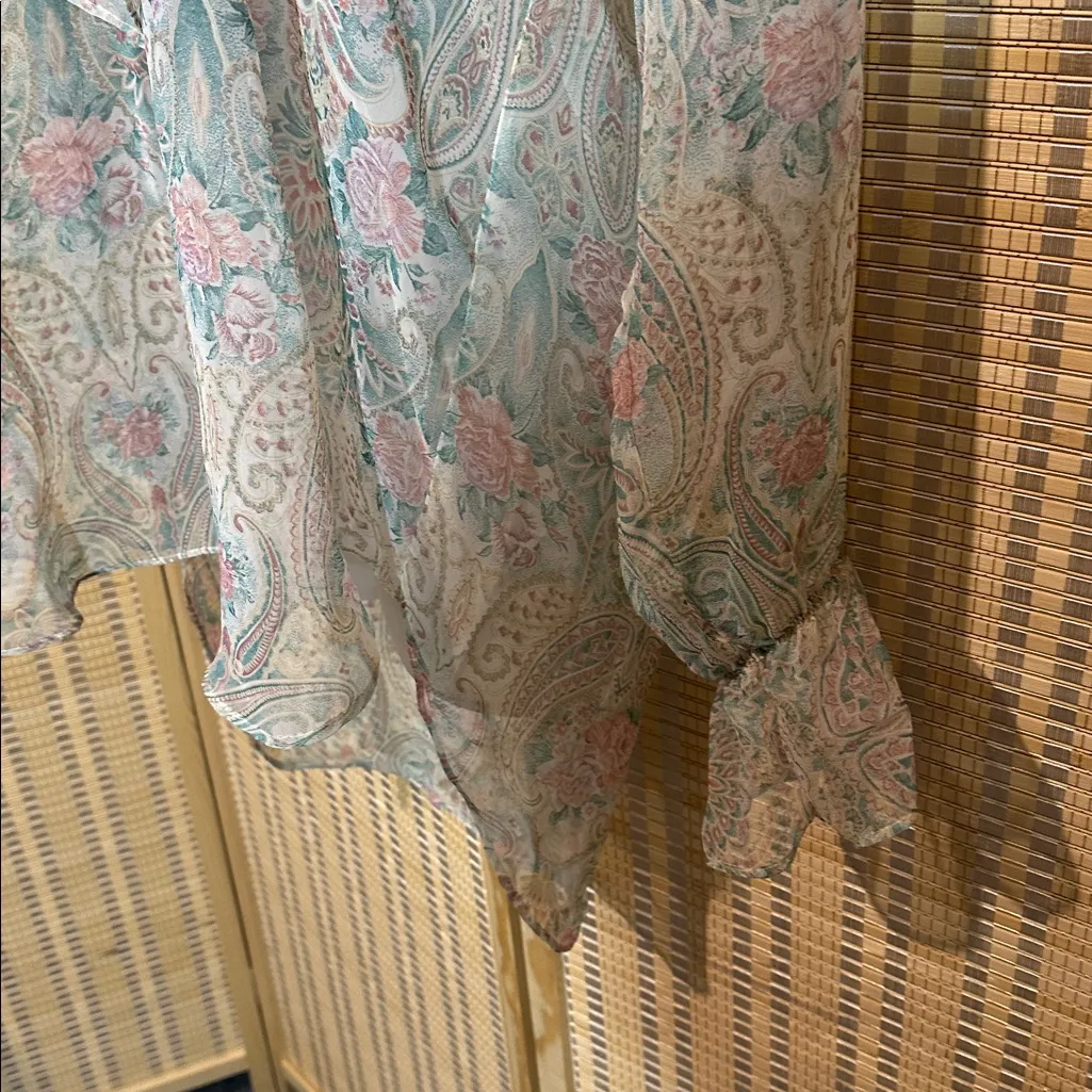 Victoria's Secret Vintage Gold Label Sheer Blue Floral Print Peasant Blouse M/L - Image 9