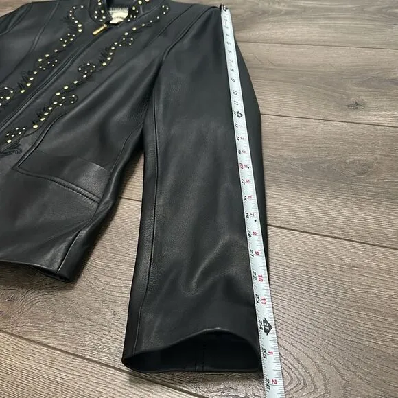 St. John Lamb's Leather Black Gold‎ Studded Full Zip Jacket Size Medium - Image 11