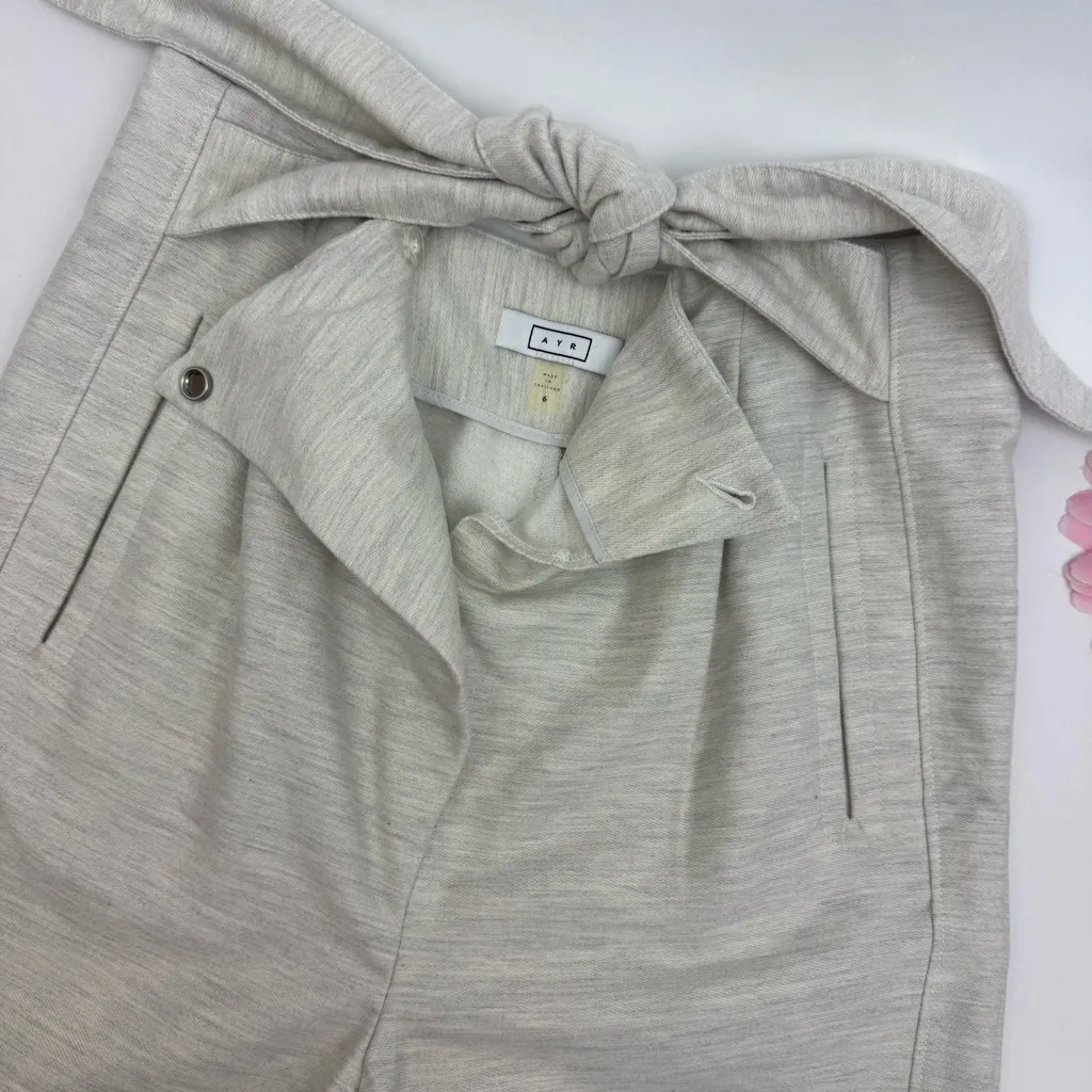 AYR High Rise Tie Front Tapered Ankle Crop Pants Cotton Light Heather Grey - Image 7