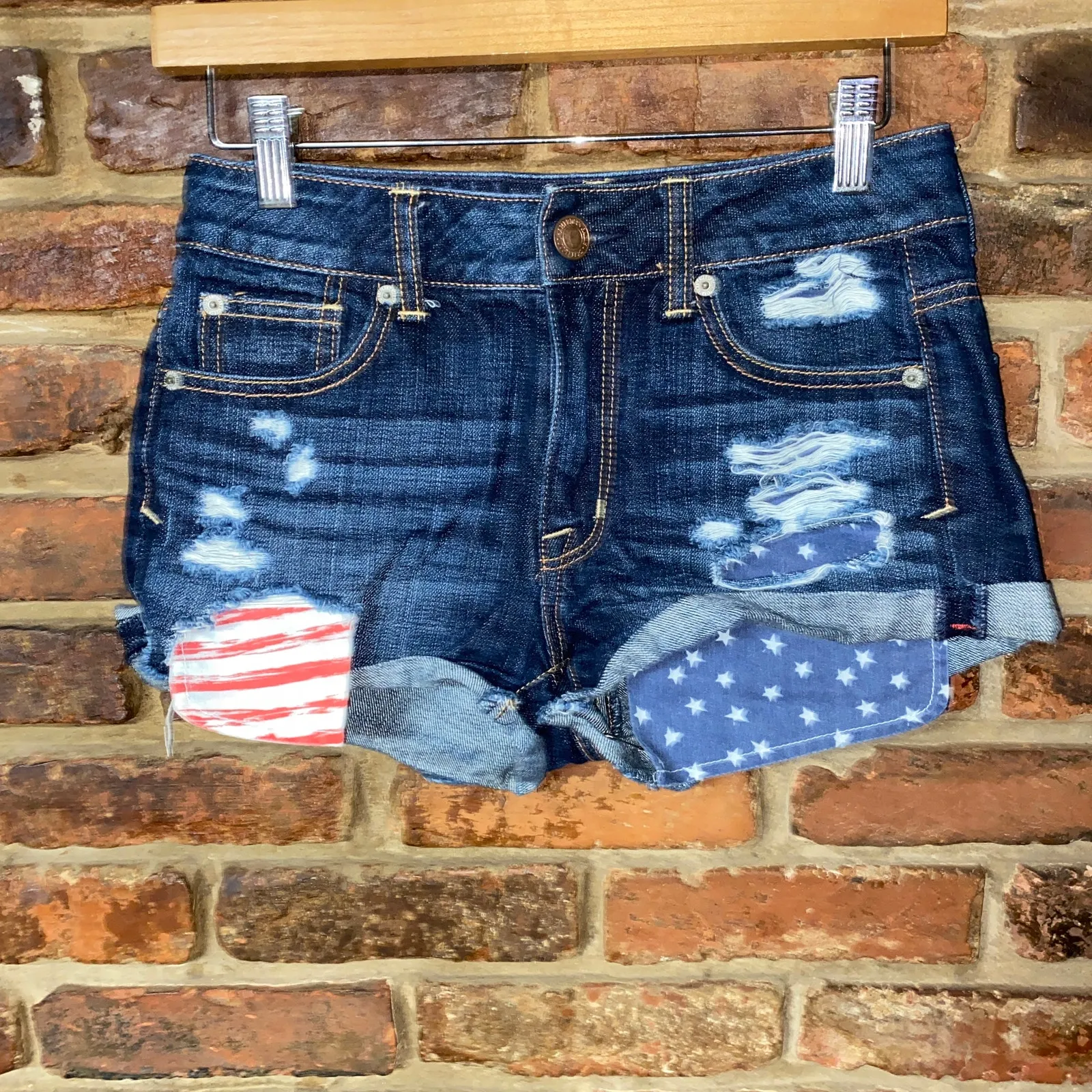 American Eagle Dark Wash Blue Denim American Flag Jean Shorts Women's Size 0 - Image 2