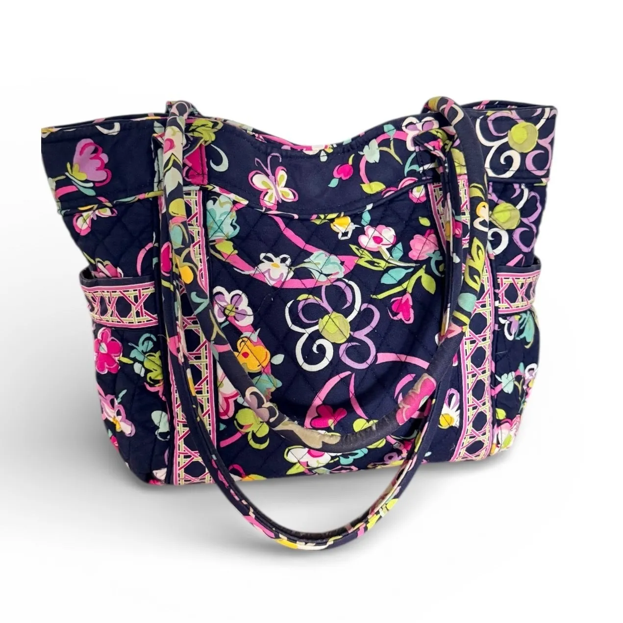 Vera Bradley Quilted Floral Tote Bag Navy Blue Pink Butterfly Blossom Casual - Image 2