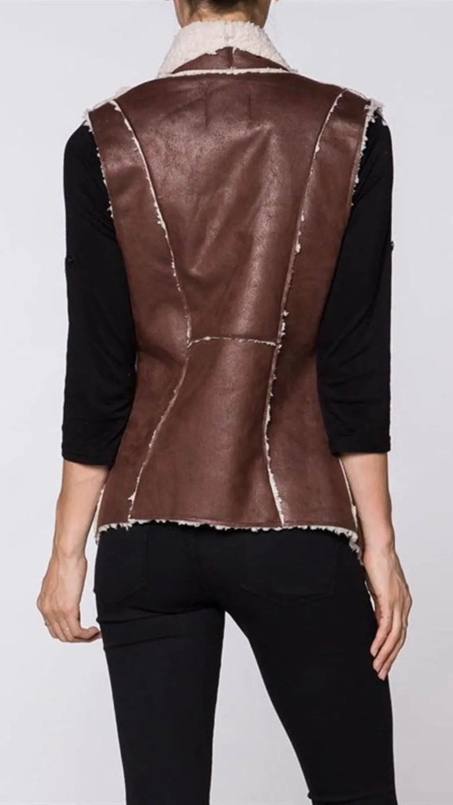 Brown Faux Leather Shearling Vest Jacket - Image 3