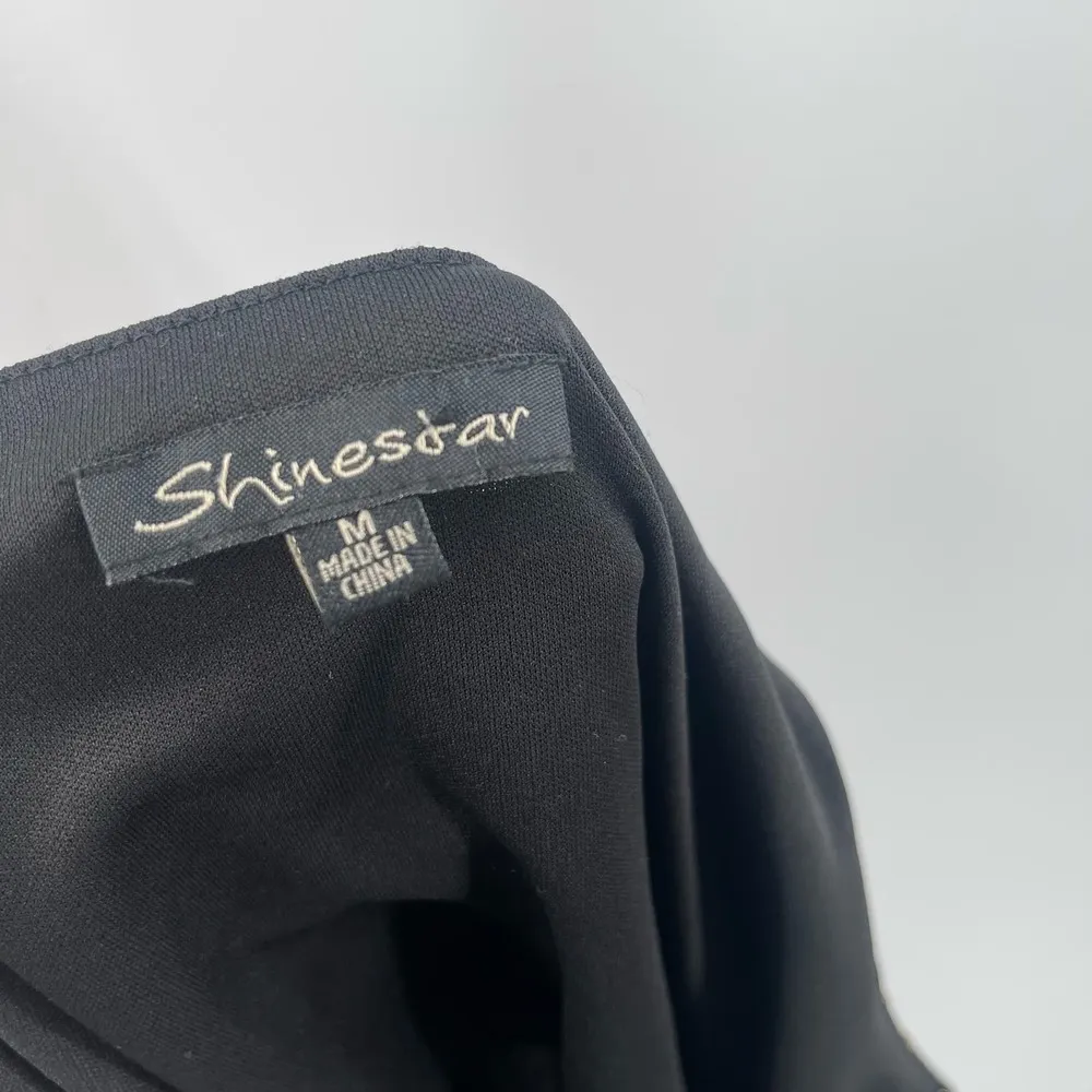 SHINESTAR Tank Size Medium Black and Lurex Gold Stripes Evening Cocktail Peplum - Image 3