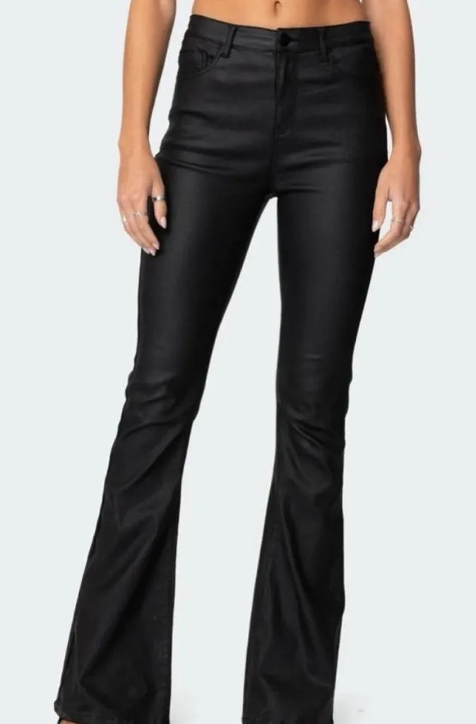 Edikted Luna Faux Leather High Rise Flare Jeans – Black, Size Medium (NWOT) - Image 1