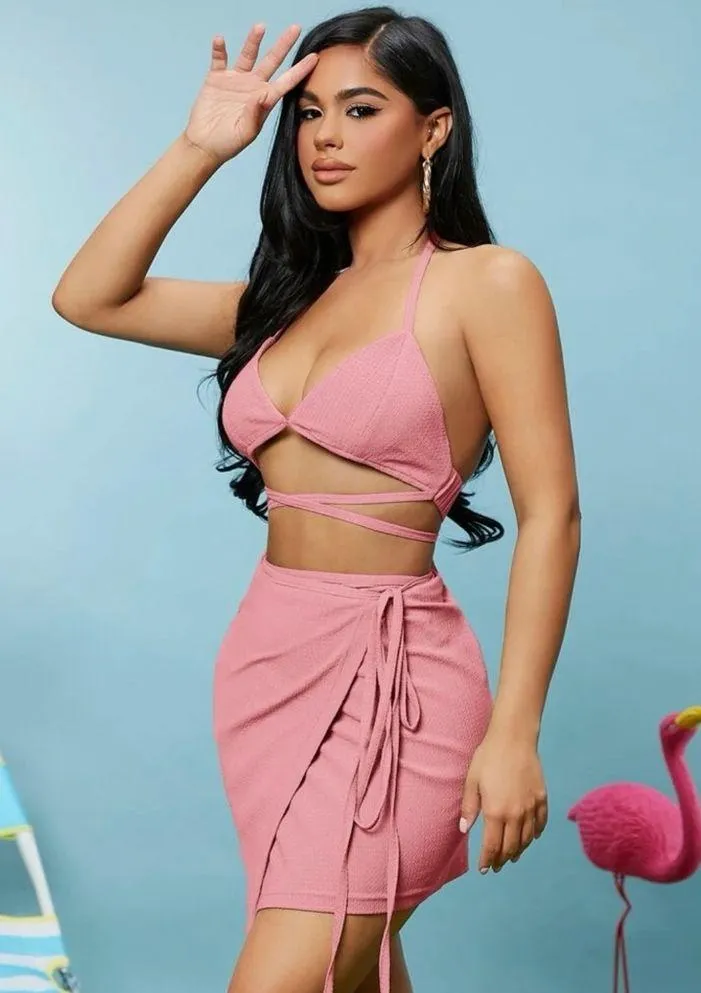 Self Tie Backless Halter Top & Wrap Skirt Set, Coral Pink, Size XS, NWOT - Image 3