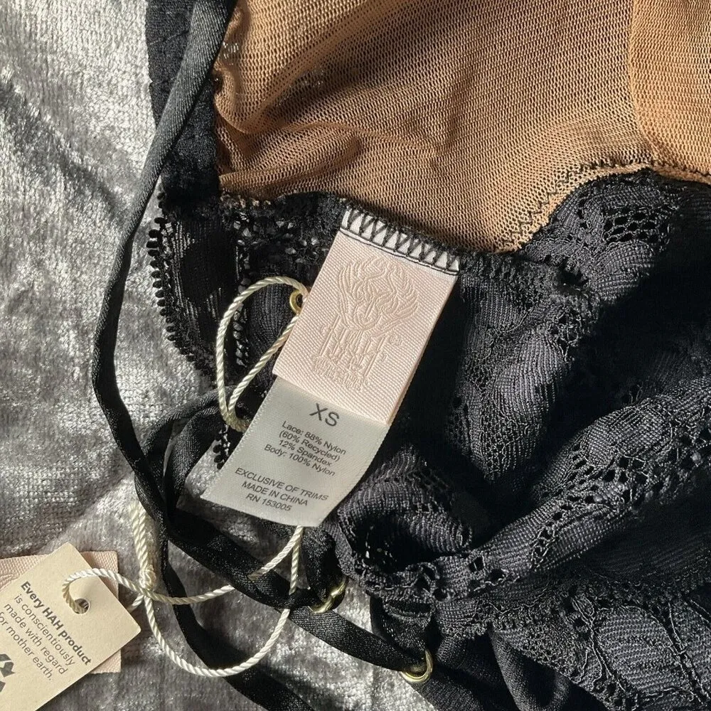 NEW HAH by Free People Womens XS Black Skate HAHround Romper lace button accent - Image 11