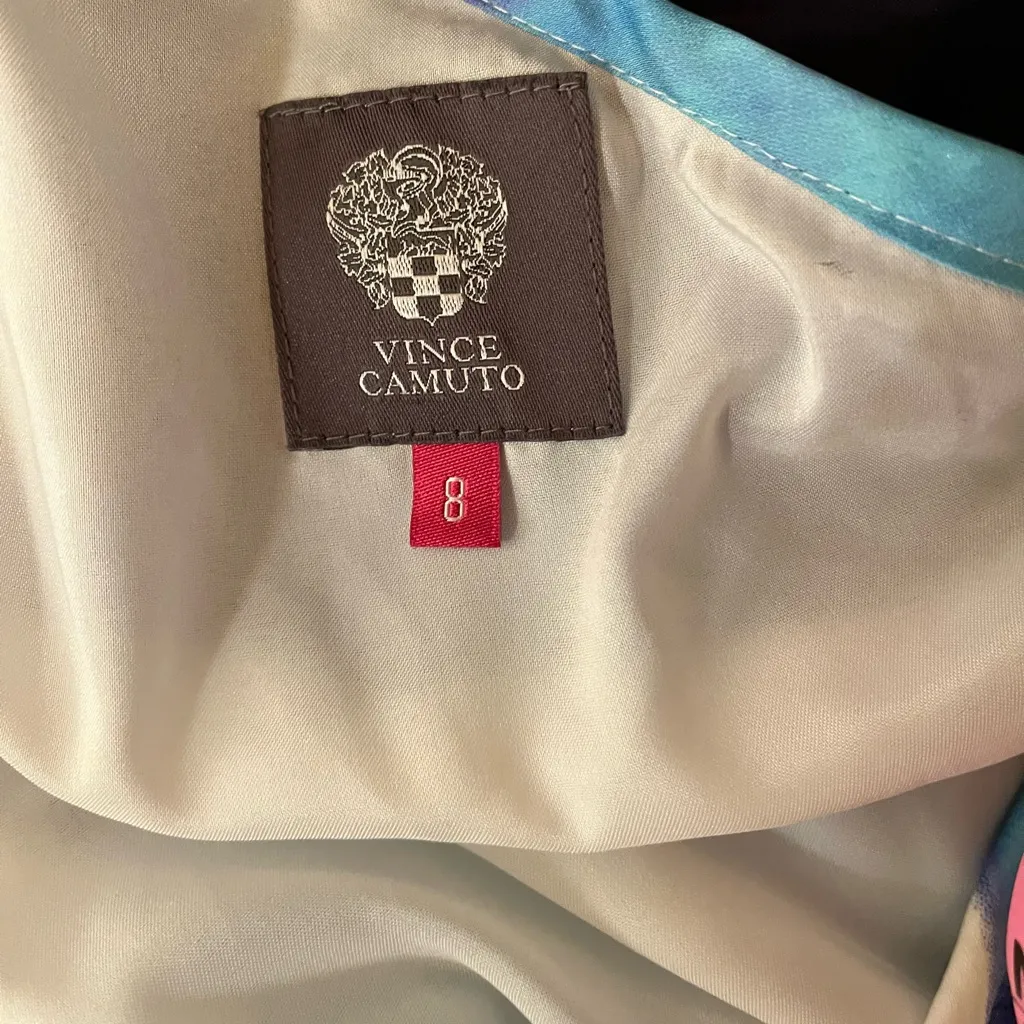 Vince Camuto one shoulder blue white dress watercolor size 8 ruffle pockets - Image 9