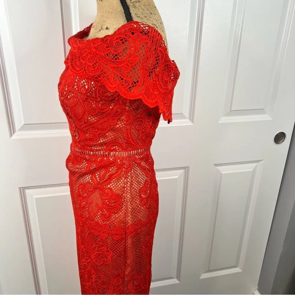 Sz S Stylestalker Stella Midi Off the Shoulder Red Lace Dress $241 MSRP - Image 8