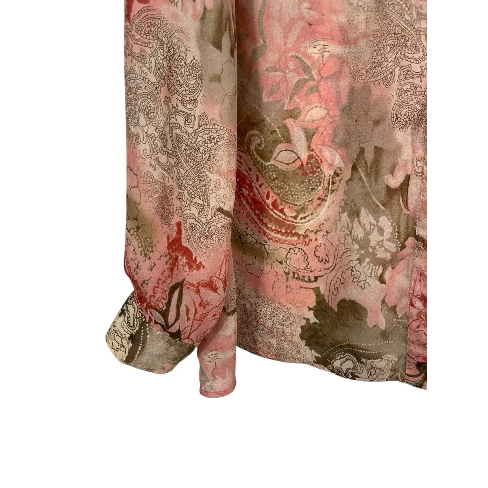 Cato Woman 26/28W Button Up Blouse Pink Tan Floral Paisley Sheer Long Sleeve Top - Image 2