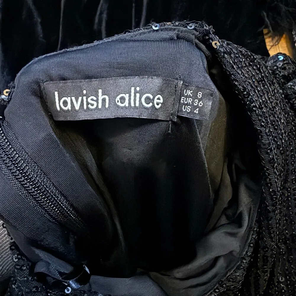 Lavish Alice Womens 4 Black Sequin Faux Fur Long Sleeve Velvet Draped Midi Dress - Image 11