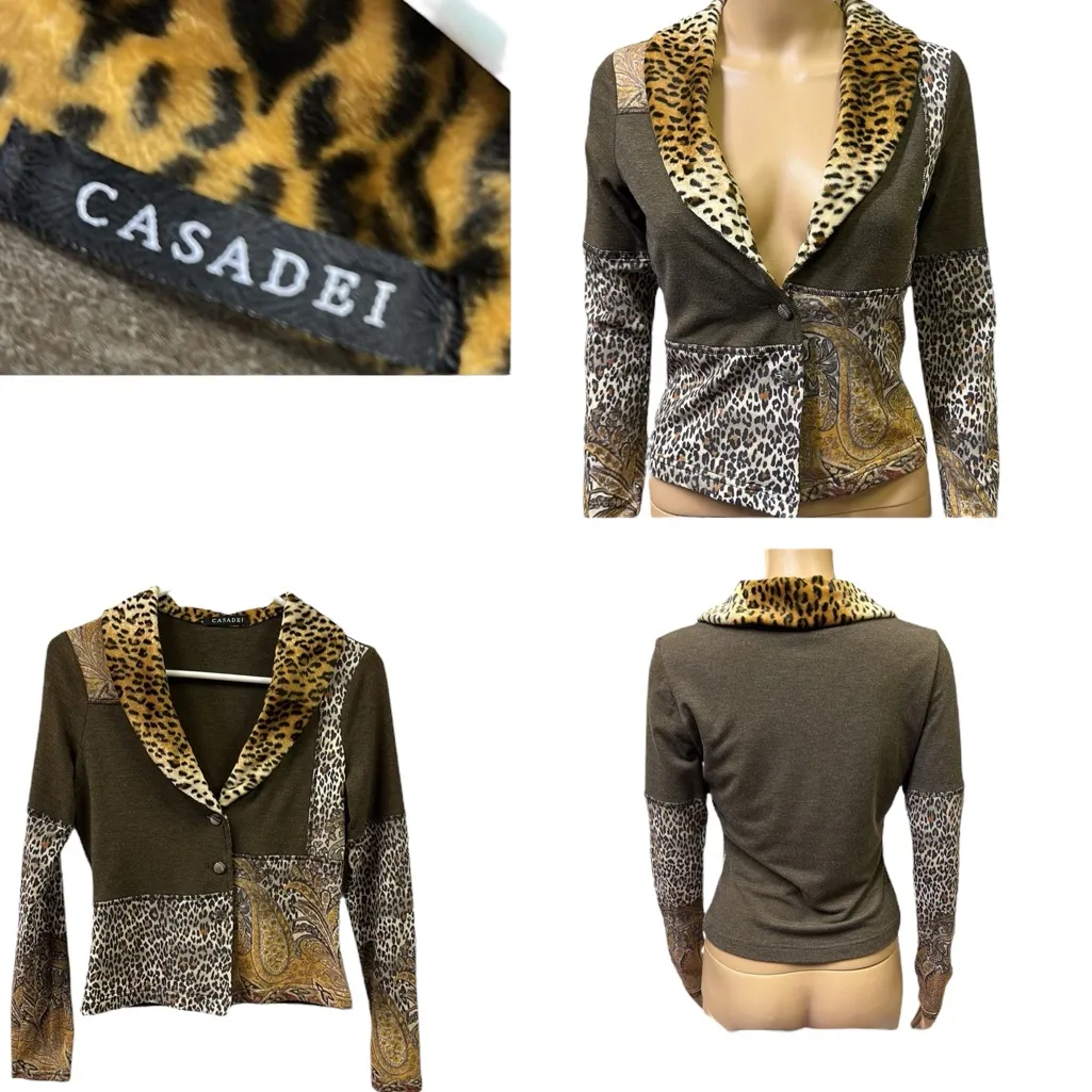 Casadei Mixed Media Vintage Leopard Paisley Lightweight Jacket Faux Fur Collar S - Image 2