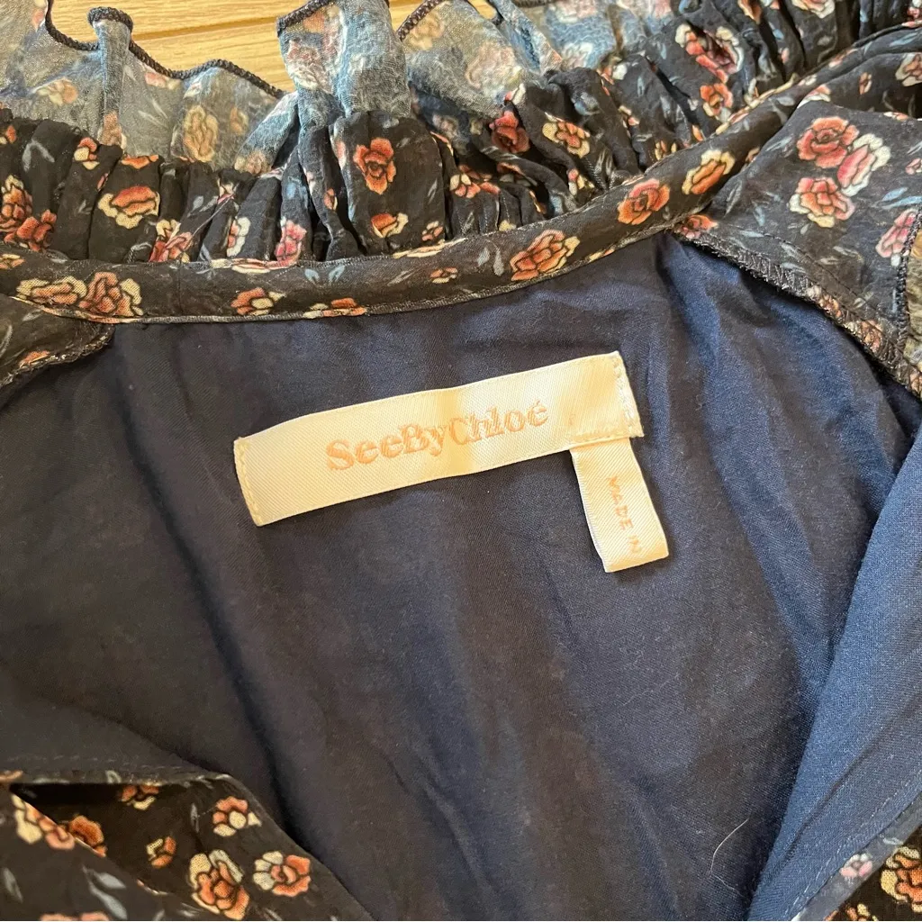 See by Chloe Navy Pink Ditsy Floral Long Sleeve Chiffon Shift Dress Size 42/6 US - Image 4