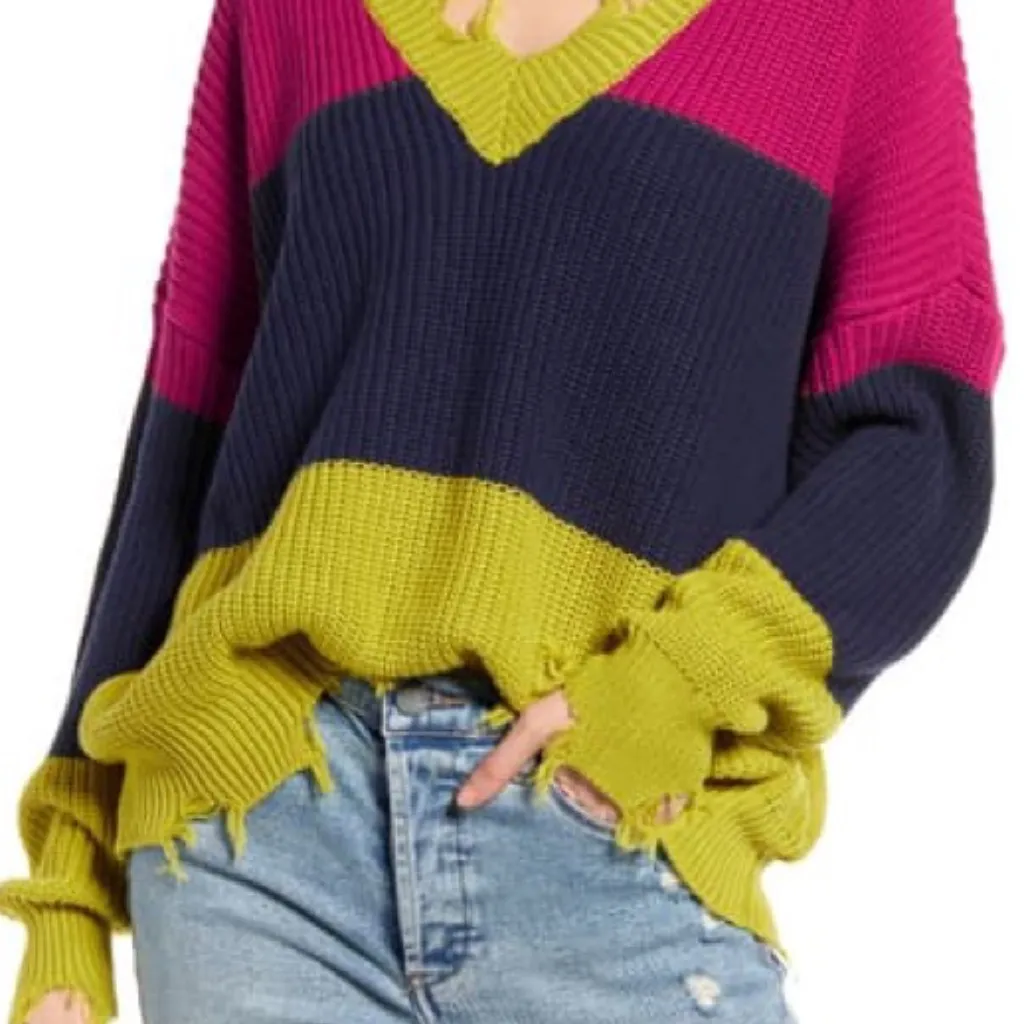 NWT BAND OF GYPSIES Colorblock Distressed Sweater - Image 6