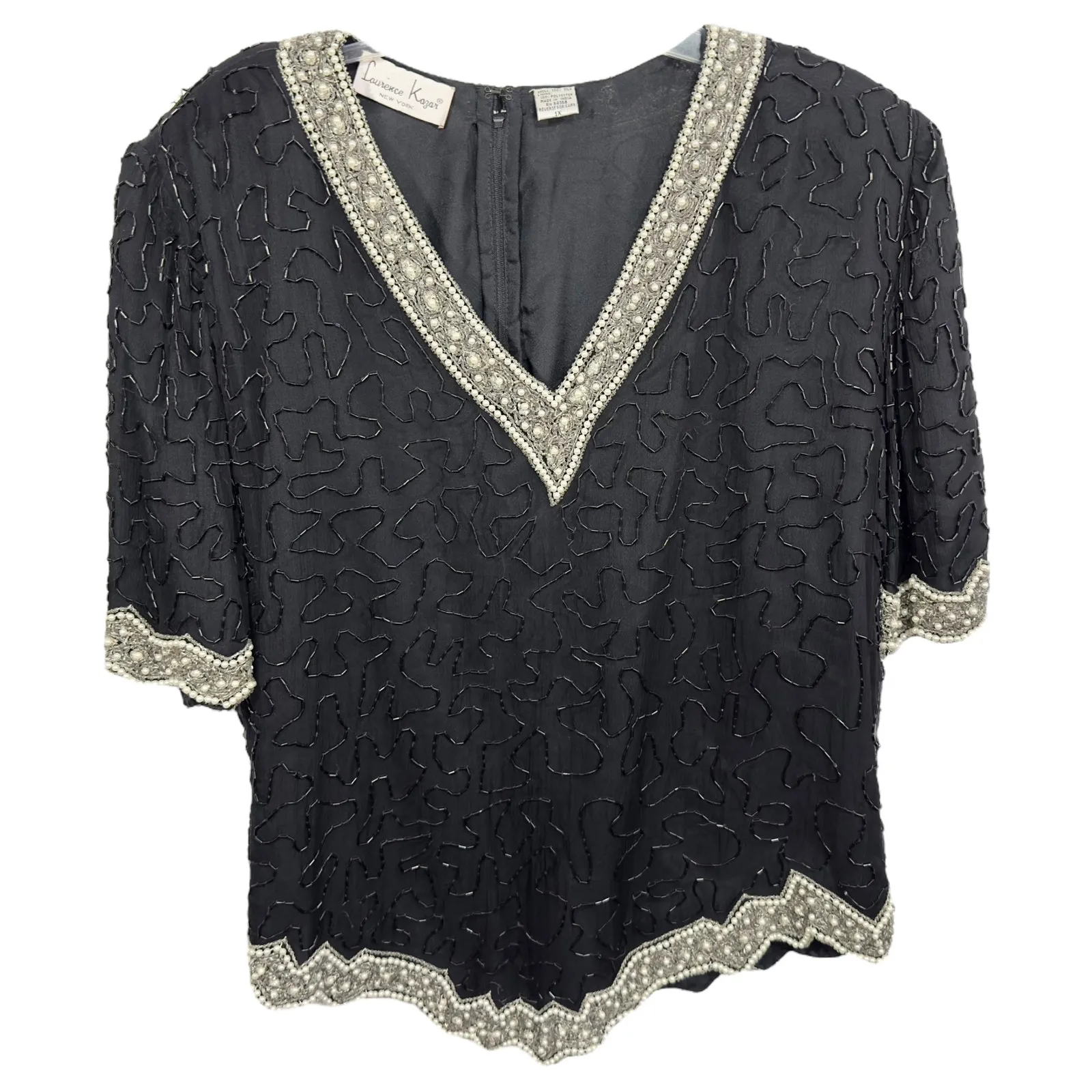 VTG Laurence‎ Kazar Plus Size 1X Beaded Top Party Cocktail Blouse Black 749 - Image 2