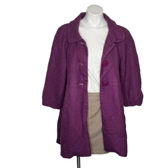 JOHN PAUL RICHARD Purple Basket Weave Fabric Coat Big Buttons Womens Size Medium - Image 4