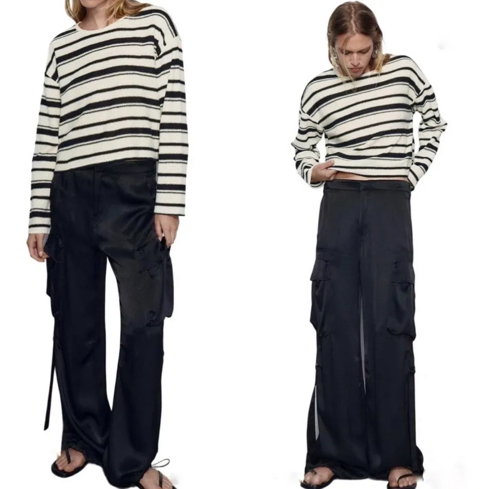 Zara NWT Women’s Rustic Short Small Black White Knit Striped Oversize Top - Image 2