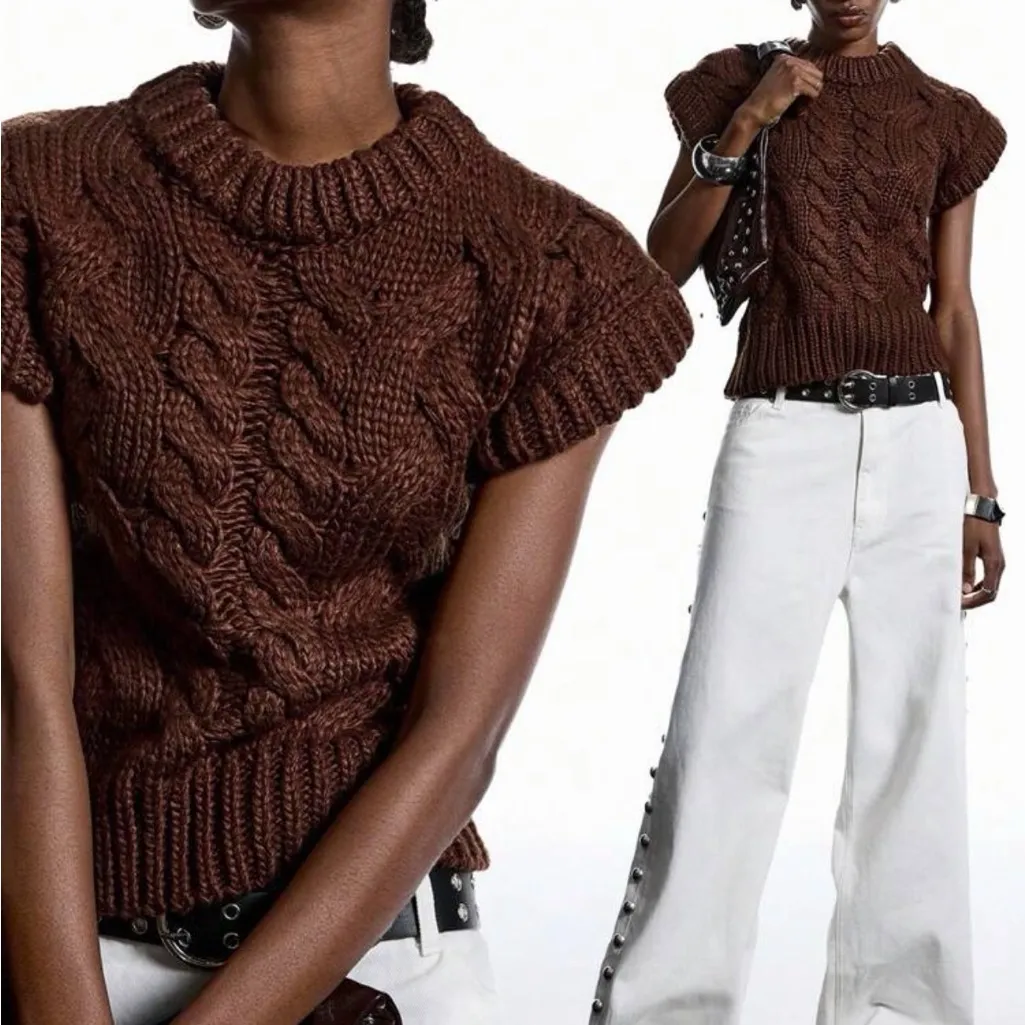 Brown Cable Knit Sweater - Image 2