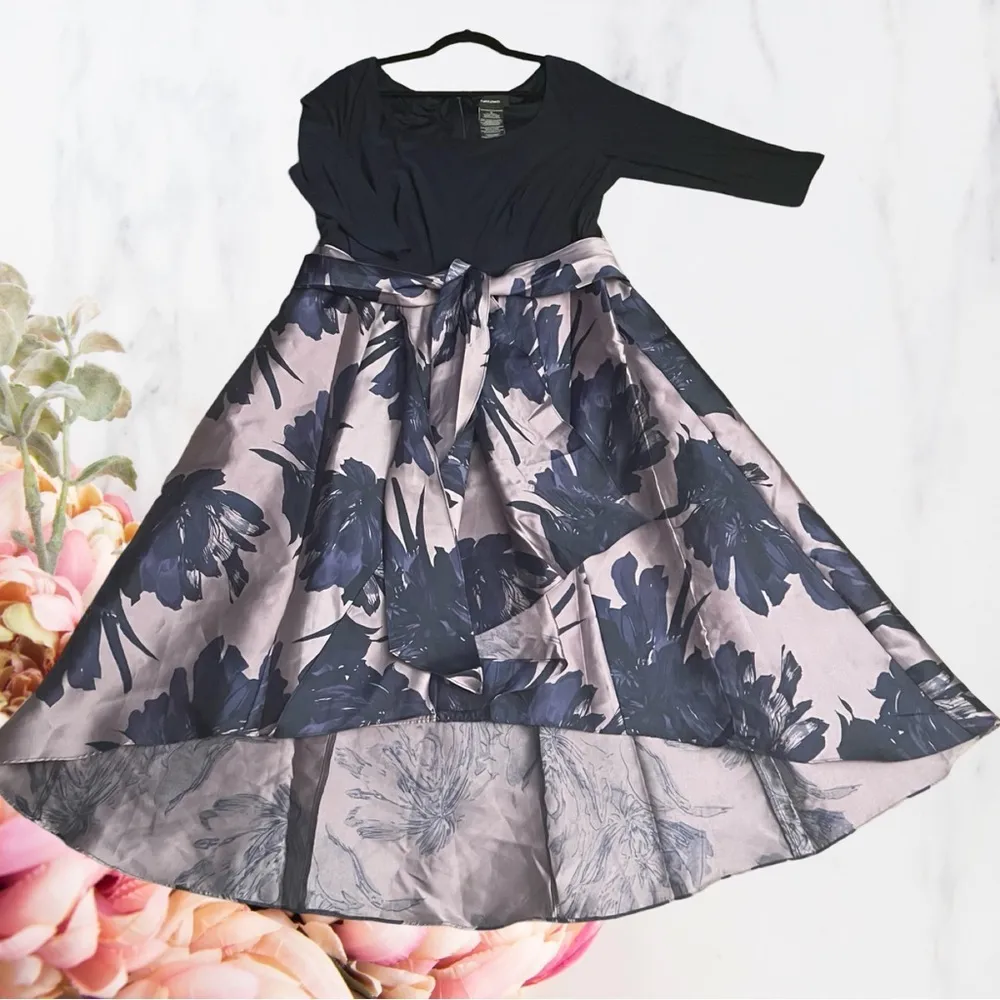 🍁Women’s Formal Dress~ R&M Richards Navy Lilac~  Tie Waist, Floral Skirt SZ 18 - Image 6