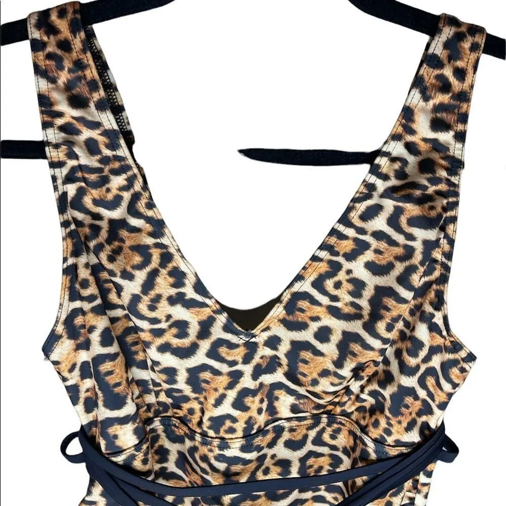 ASOS Leopard Print Black Brown Belted One Piece Deep V Neck Bathing Suit Size 6 - Image 3