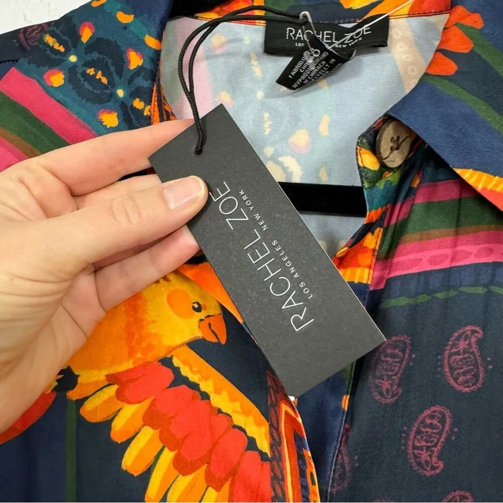 Rachel Zoe Colorful Tropical Print Button Down Shirt Womens XS Bird Palm Tree - Image 4