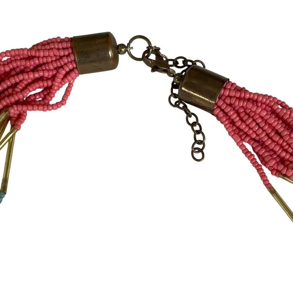Multi Strand Beaded Layered Boho Statement Necklace Adjustable Closure u Pink - Image 2
