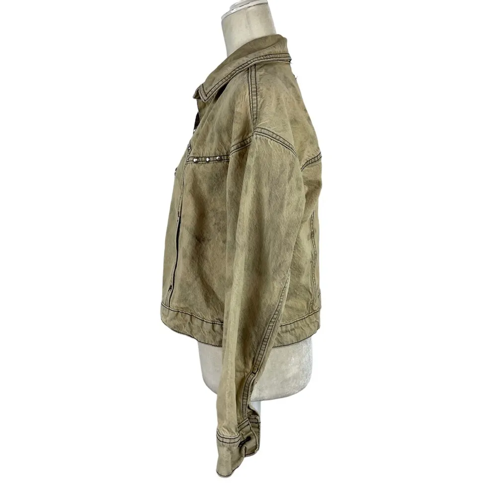 Zara Studded Z1975 Cropped Denim Jacket Tan Size XS Washed effect 100% Cotton - Image 9
