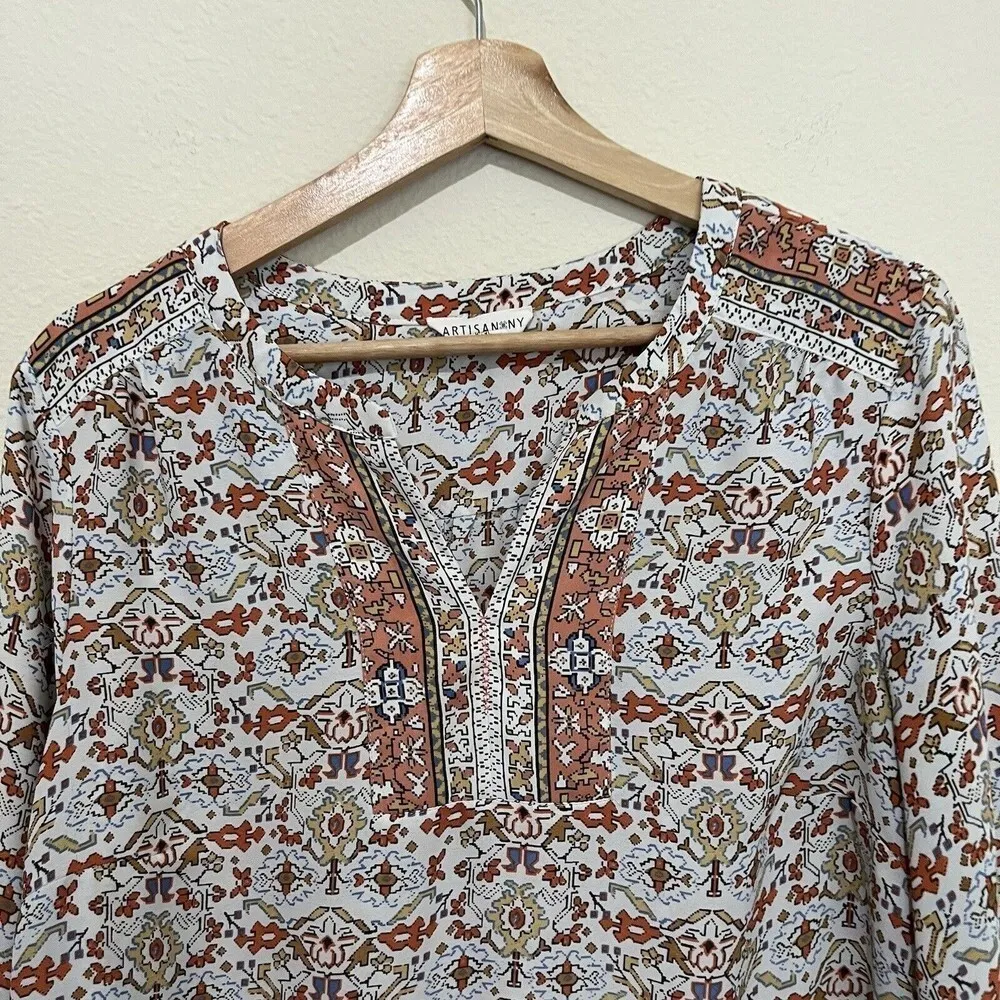 Artisan‎ Ny Floral Top Womens Size XL Tunic Notched 3/4 Sleeves Multicolor - Image 4