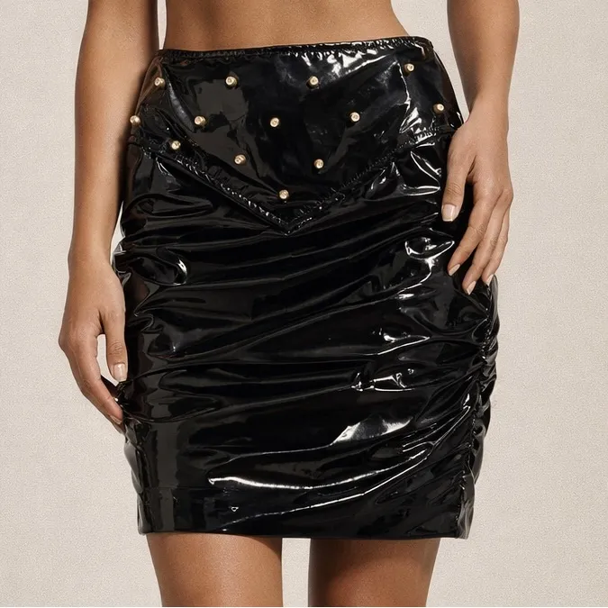 ANIYE BY Black Patent Effect Mini Rock Studded Skirt, New with Tags, Size XS - Image 2