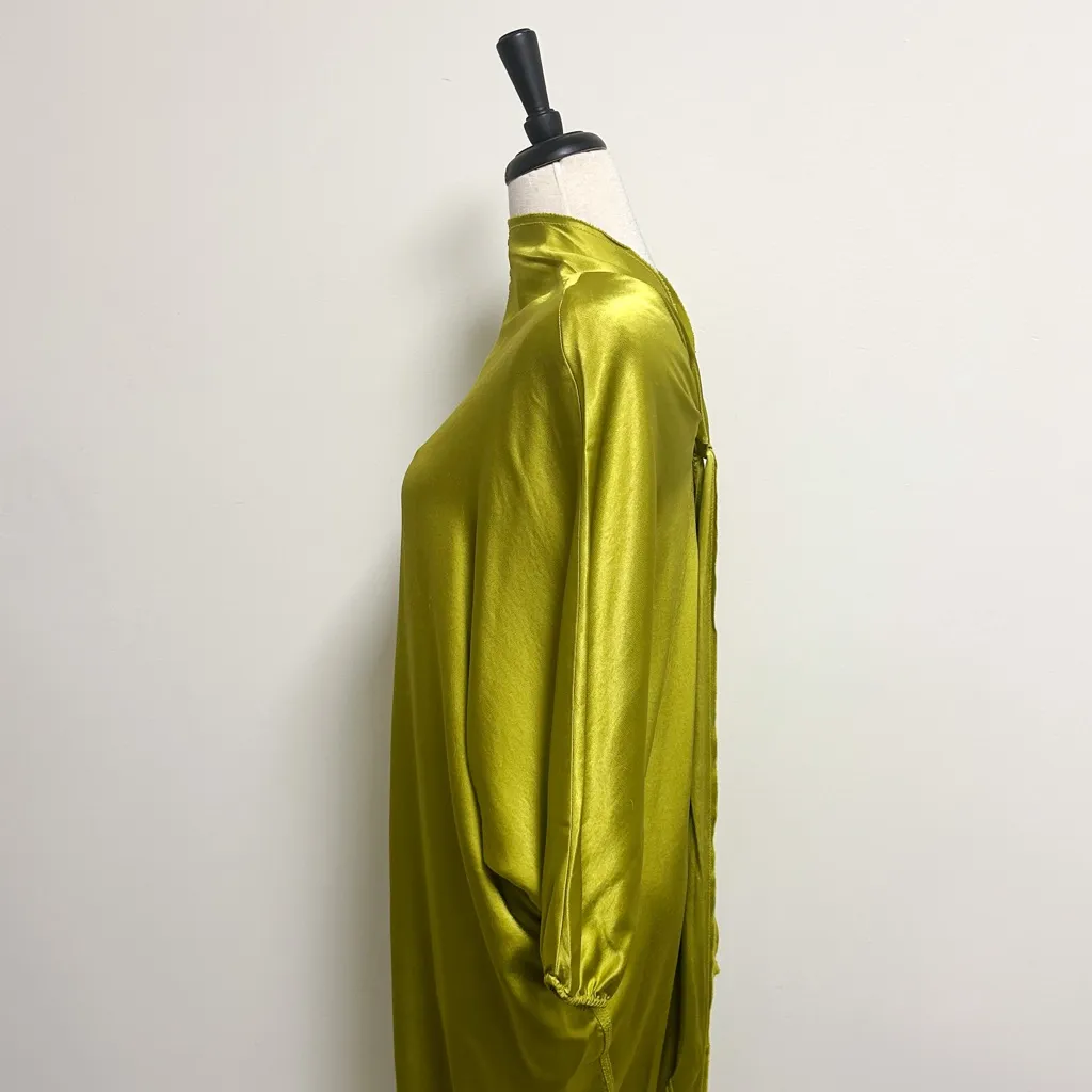 Zara Green Satin 3/4 Dolman Sleeve Tapered Back Tie V Line High Neck Dress NWT - Image 8