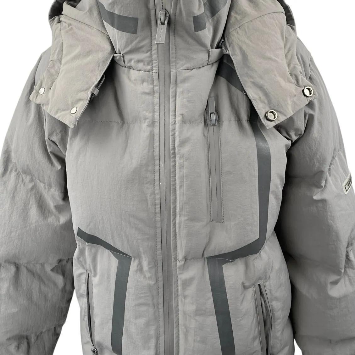 Manier De Voir Women's Gray Tan Full Zip Hoodie Hooded Puffer Coat Jacket Size L - Image 3