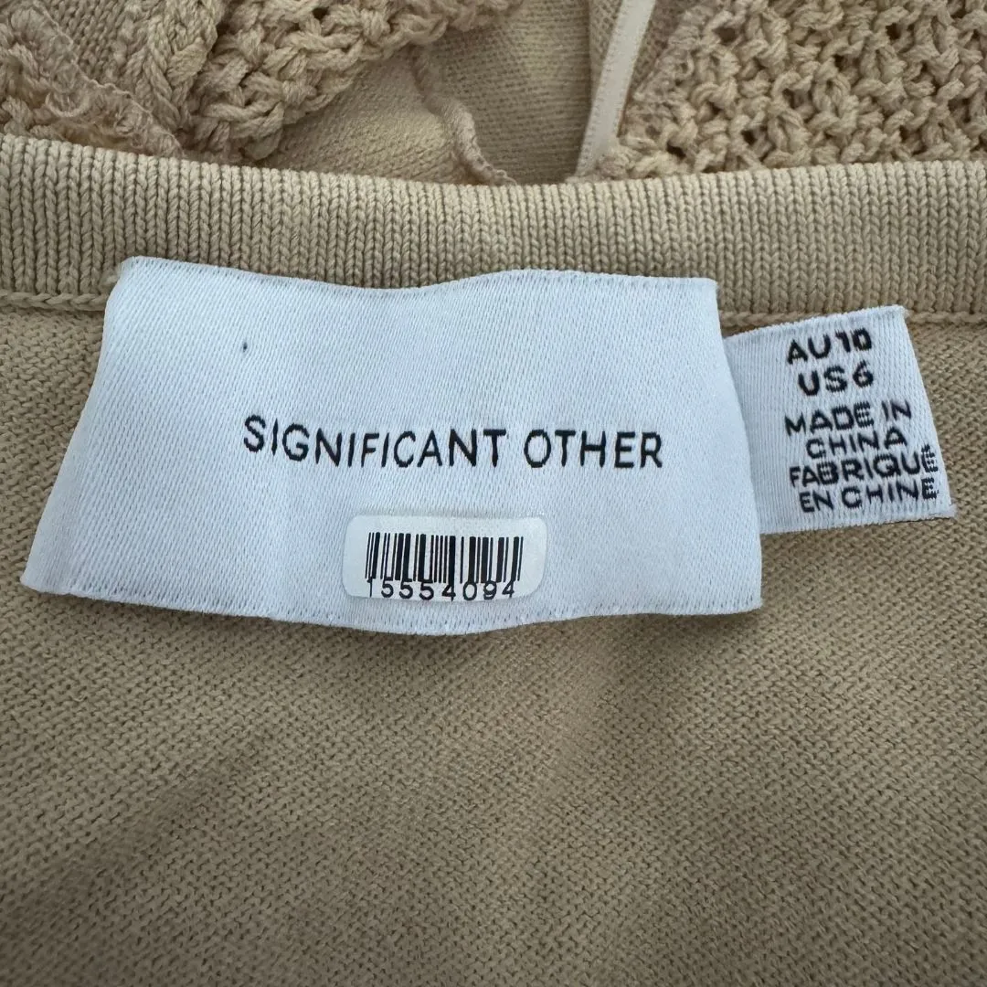 SIGNIFICANT OTHER Tie Cross Back Crocheted Sweater Knit Blouse Top EUC Size 6 Tan - Image 9