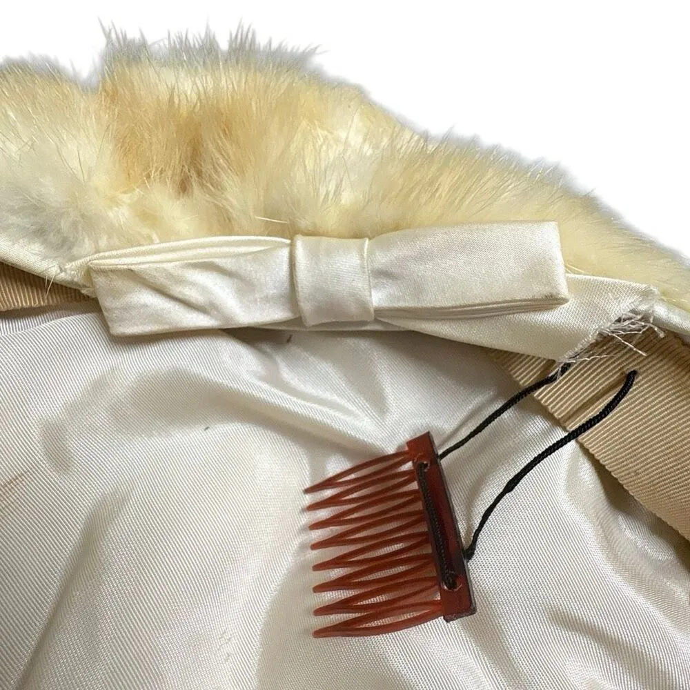 Lord & Taylor Vtg Cream Fur Beret Hat w/Bow and Comb Ski Apres Winter Mod Chic - Image 6