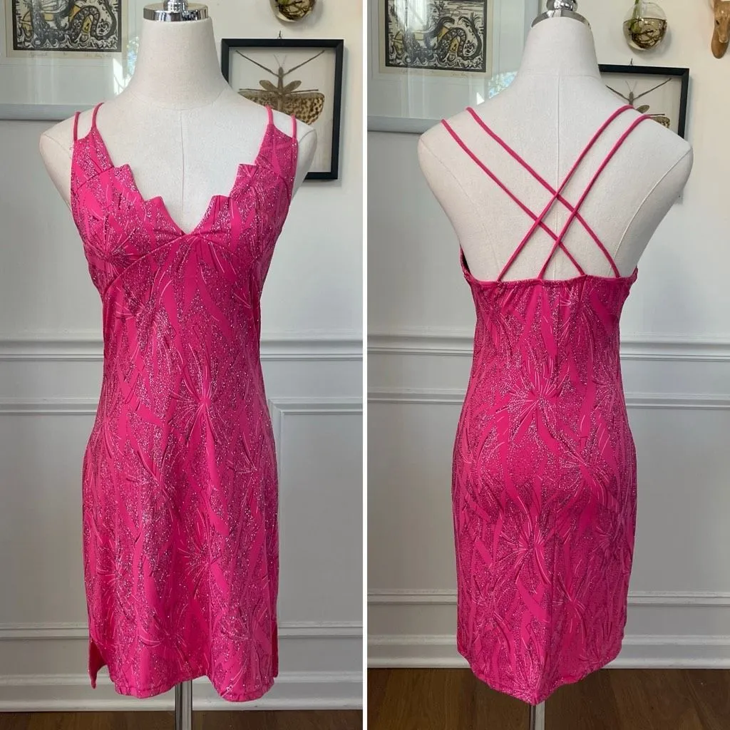 Vintage Y2K Ynes Stretchy BodyCon Mini Dress Bold Pink Glitter S - Image 2