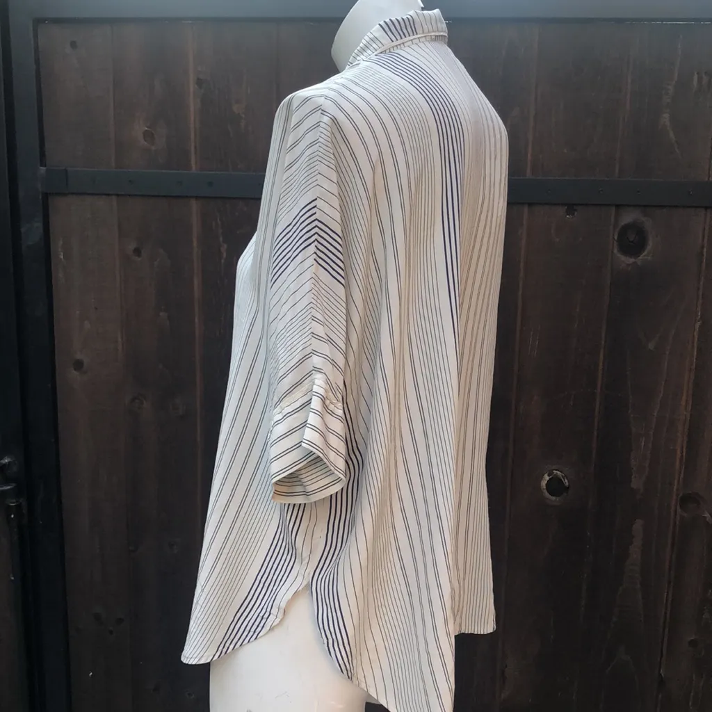 Eileen fisher beige striped silk short sleeve button down petite  shirt - Image 4