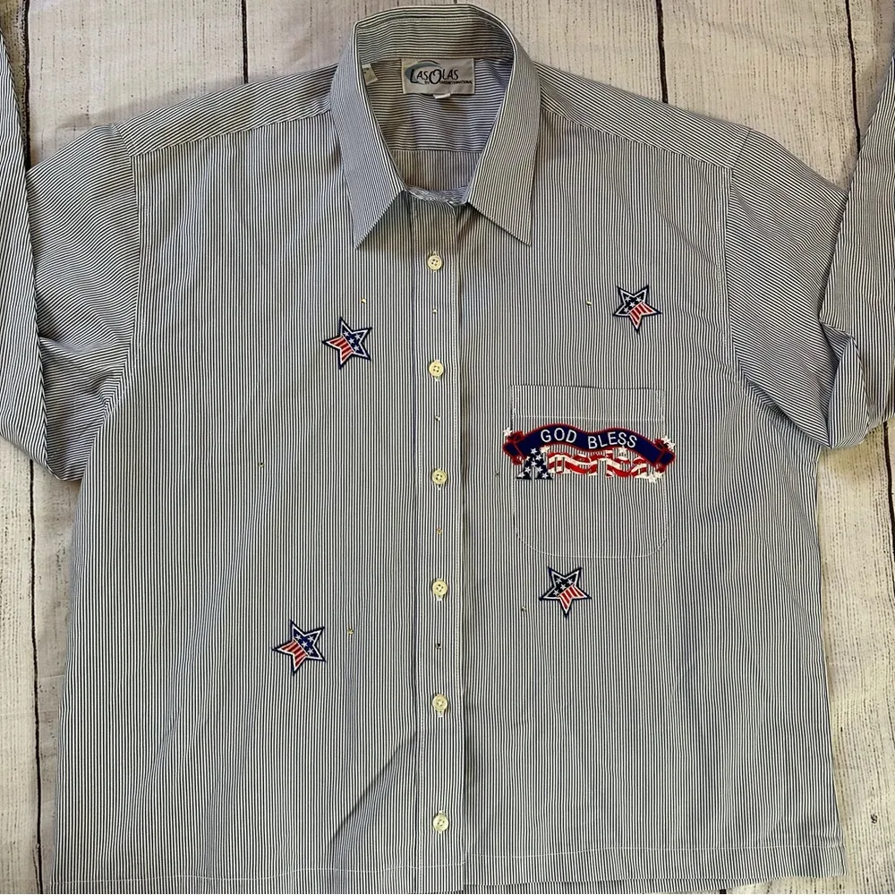 Las Olas large blue white stripe patriotic button long sleeve shirt - Image 7