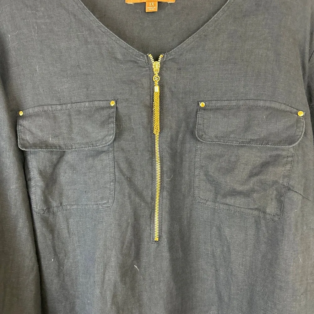 Ellen Tracy  Womens 1X 100% Linen Top Tunic Blue Gold Zipper Blouse Plus Size - Image 4