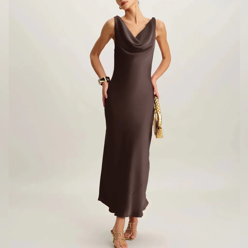 Rihoas Coffee Satin Cowl Neck Maxi Dress Brown Size undefined - Image 4