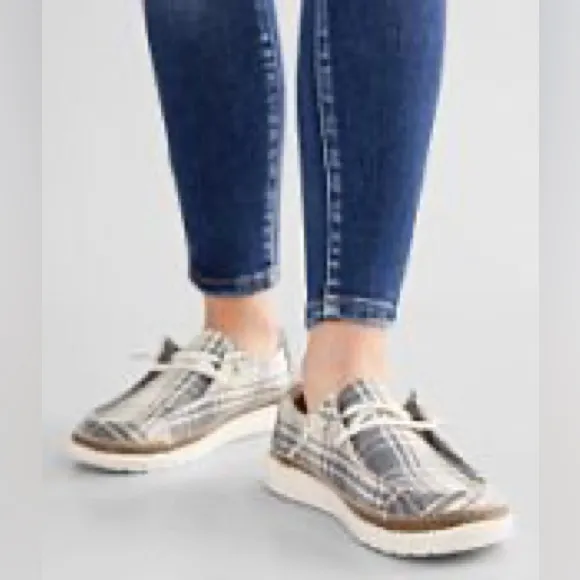 Hey Dude Wendy Slip Ons in grey plaid - Image 2