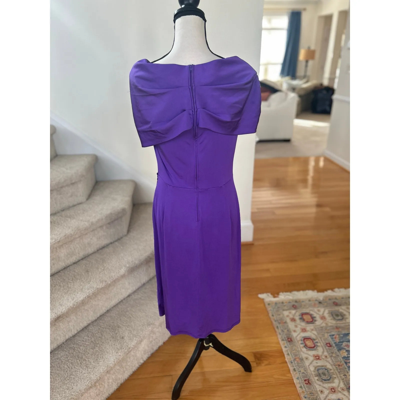 Tadashi Shoji Jewel Tone Purple Jersey Off Shoulder Draped Cocktail Sheath Dress - Image 3