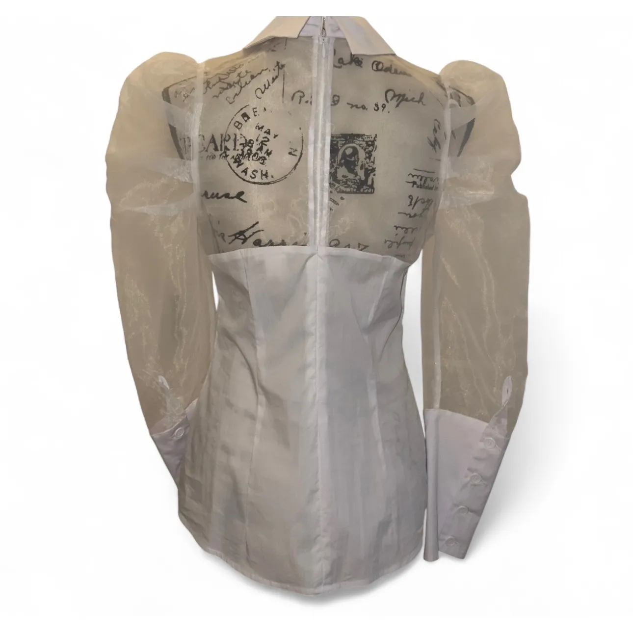 Venus Womens White Blouse Sheer Organza Puff Sleeve Jeweled Collar Party Top zs8 - Image 2